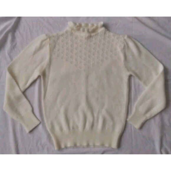Vintage Cottagecore Knit Pointelle Sweater Ruffle Neckline Ivory Womens Medium - Picture 1 of 6